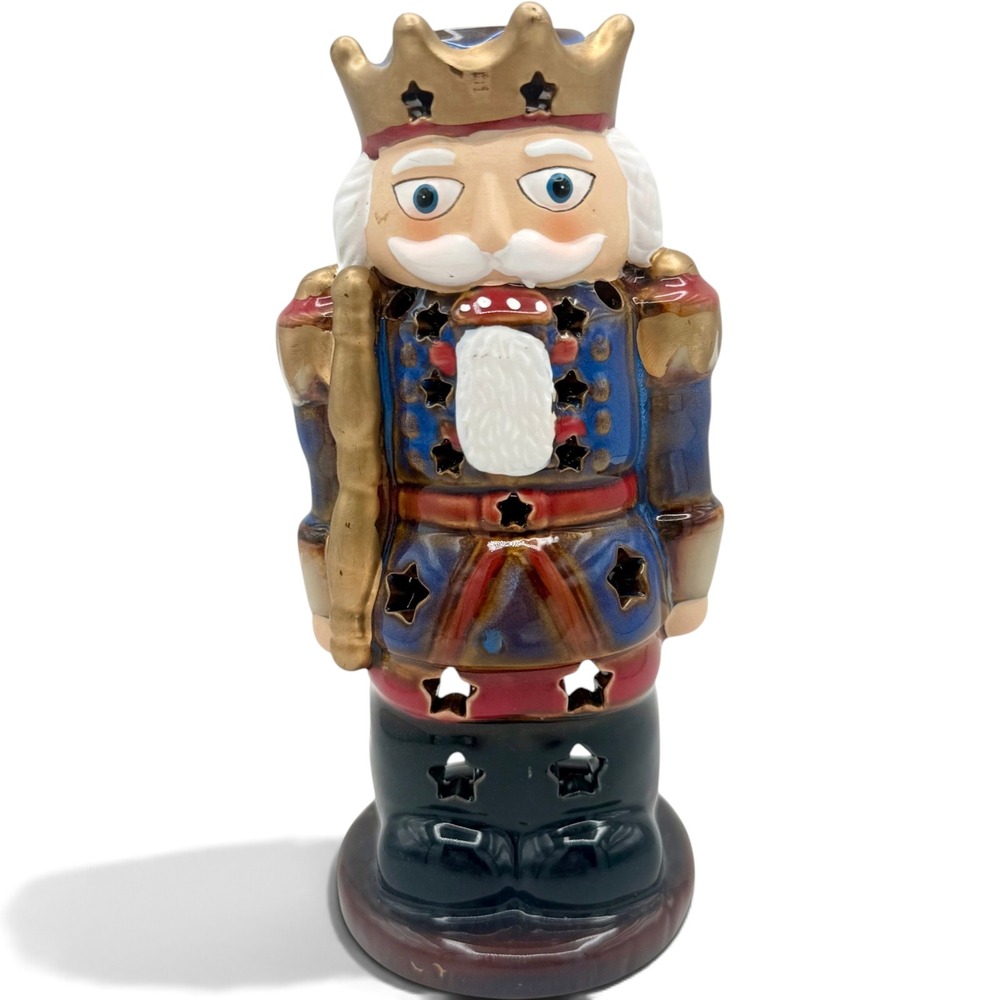 Yankee Candle Nutcracker Tea Light Luminary Blue Gold Ceramic Holiday Decor 7.5"